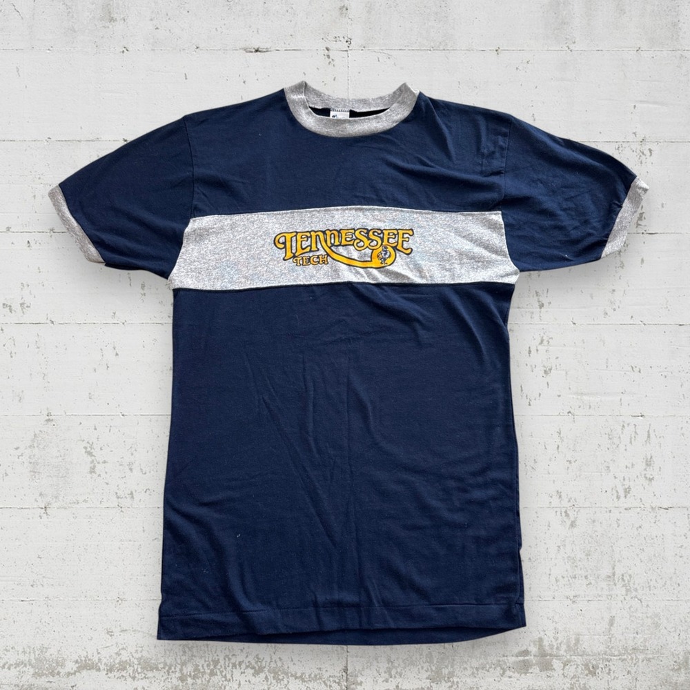 Vintage 80s Champion Tennessee Tech TTU Ringer T Shirt Blue L USA 50/50 - Picture 1 of 8